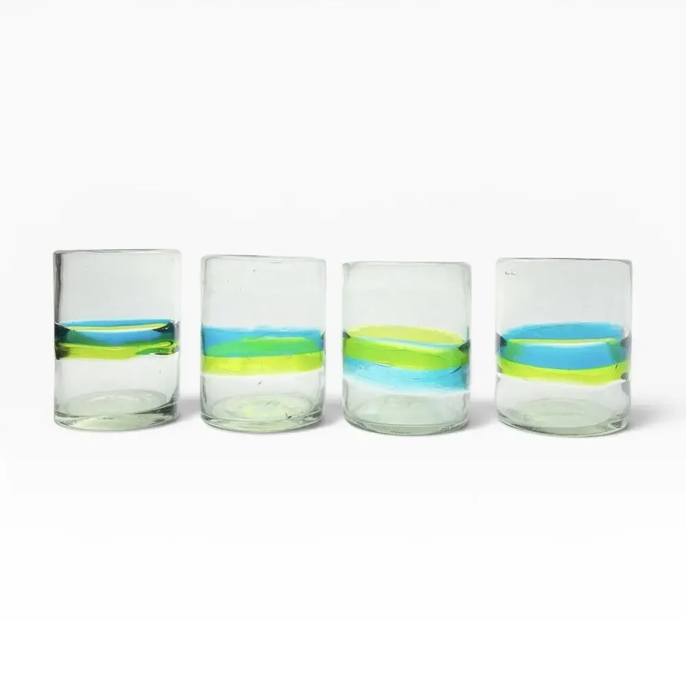 4 Mexican Handblown Aqua Blue Lime Green Banded Tumbler Drinking Glasses 4” 14oz